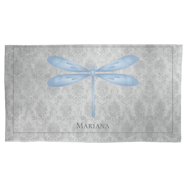 Blue Dragonfly Damask Pillow Case (Front)