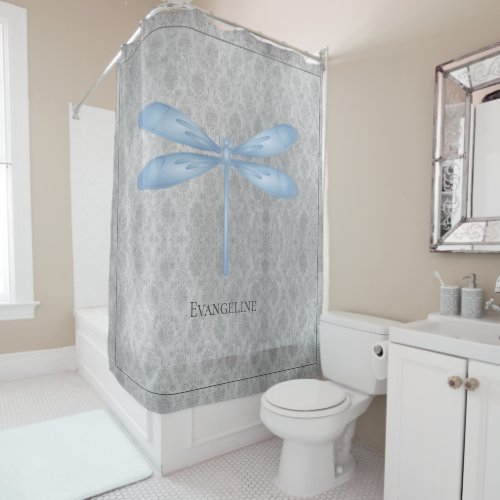 Blue Dragonfly Damask Shower Curtain