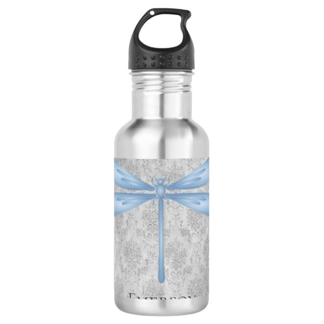 Blue Dragonfly Damask Stainless Steel Water Bottle (Front)