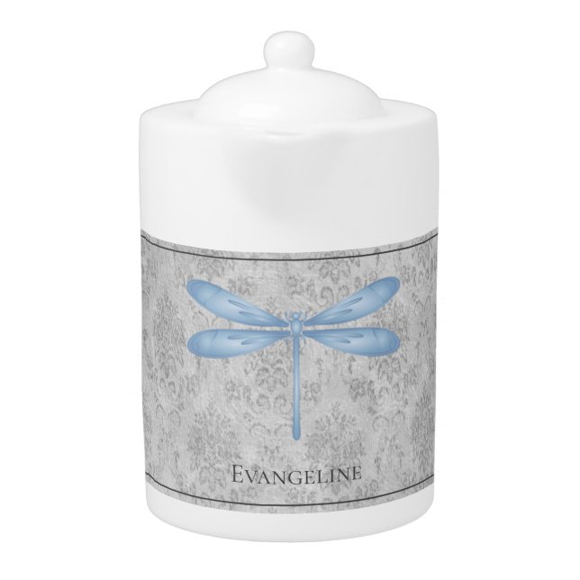 Blue Dragonfly Damask Teapot (Front)