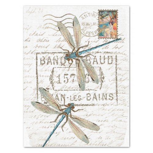 Blue Dragonfly French Script Postmark Decoupage  Tissue Paper