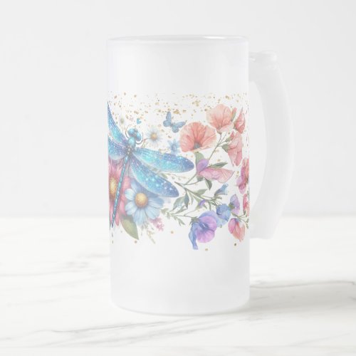 Blue Dragonfly Frosted Glass Beer Mug