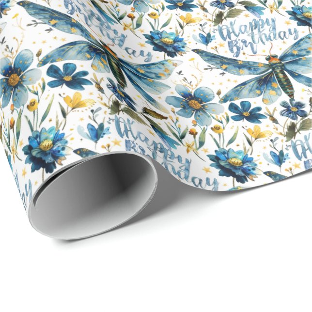 Blue Dragonfly Gift Wrap Happy Birthday (Roll Corner)