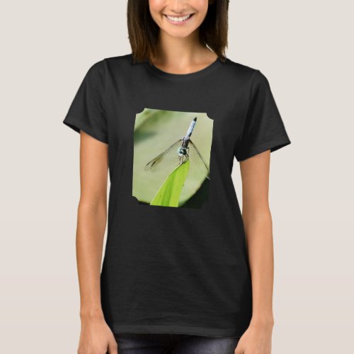 Blue Dragonfly green leaf Nature Photograph photo T_Shirt