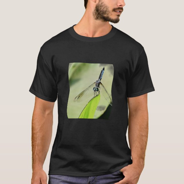 Blue Dragonfly green leaf Photo Nature Lovers T-Shirt (Front)