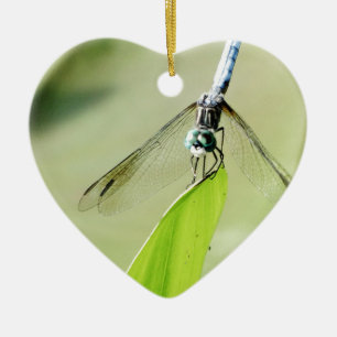 Blue Dragonfly on a green leaf Ceramic Ornament