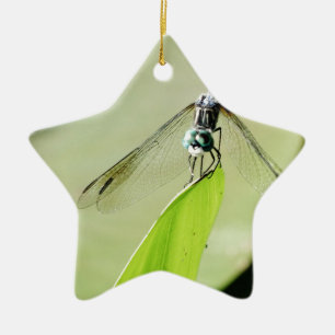 Blue Dragonfly on a green leaf Ceramic Ornament