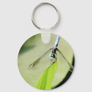 Blue Dragonfly on a green leaf Keychain