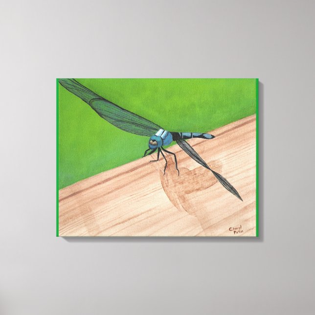 Blue Dragonfly on a Rail Wrapped Canvas Print (Front)
