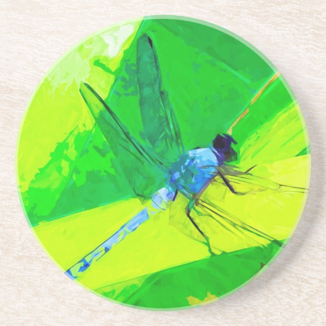 Blue Dragonfly on Green Abstract Impressionism Coaster (Front)