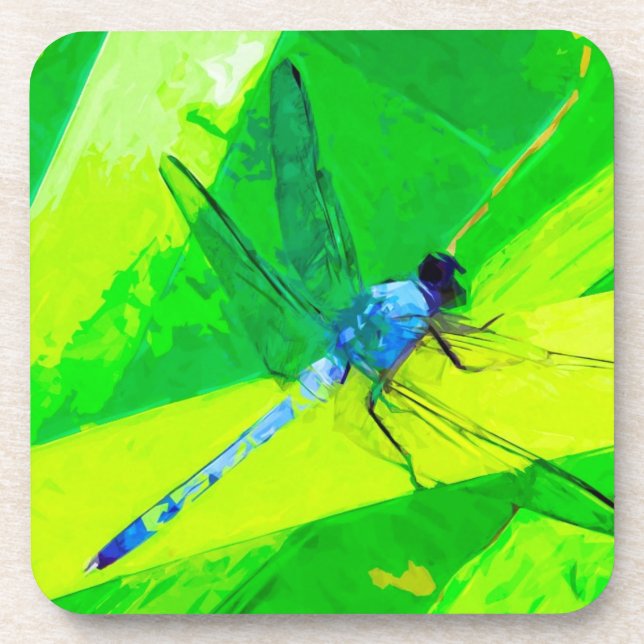 Blue Dragonfly on Green Abstract Impressionism Coaster (Front)