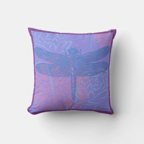 Blue Dragonfly on Purple Background Throw Pillow