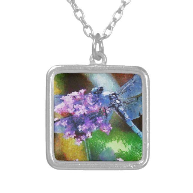 Blue Dragonfly on Wild Garlic Dot Art Silver Plated Necklace (Front)