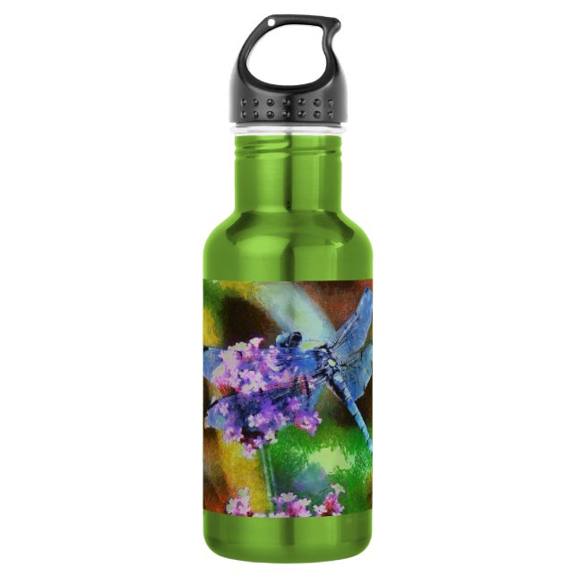 Blue Dragonfly on Wild Garlic Dot Art Water Bottle (Front)