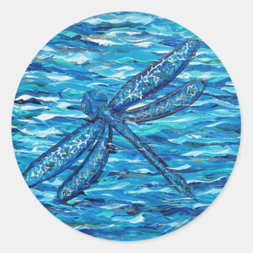Blue Dragonfly Painting Classic Round Sticker