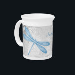 Blue Dragonfly Personalized Beverage Pitcher<br><div class="desc">Serve your hot or cold beverages with this unique Blue Dragonfly Personalized Porcelain Pitcher. Pitcher design features a colorful dragonfly, a soft white leafy vine against a light gray grunge damask background with an area to personalize with your name. Additional gift items available with this design as well as a...</div>