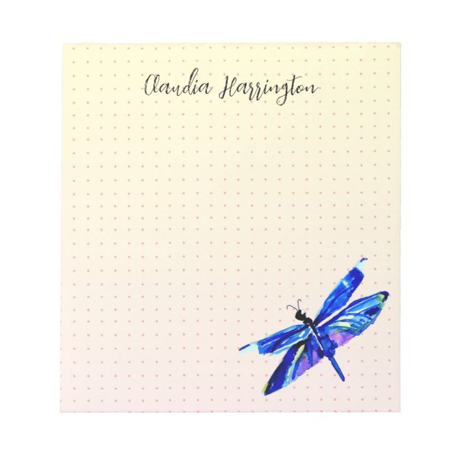 Blue Dragonfly Personalized Hand-Drawn Pastel Dots Notepad (Front)