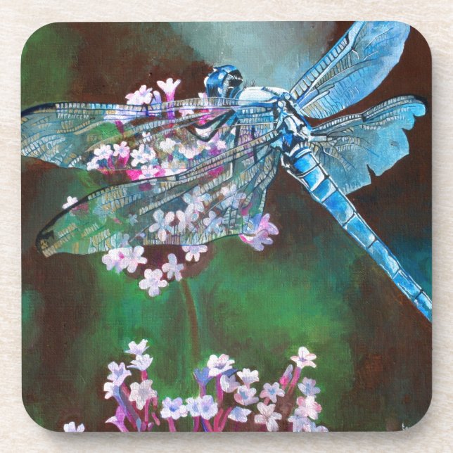 Blue Dragonfly Resting On Wild Garlic Drink Coaster (Front)