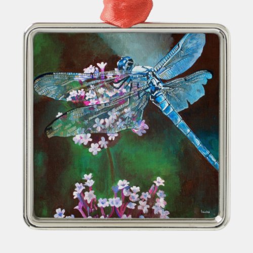 Blue Dragonfly Resting On Wild Garlic Metal Ornament