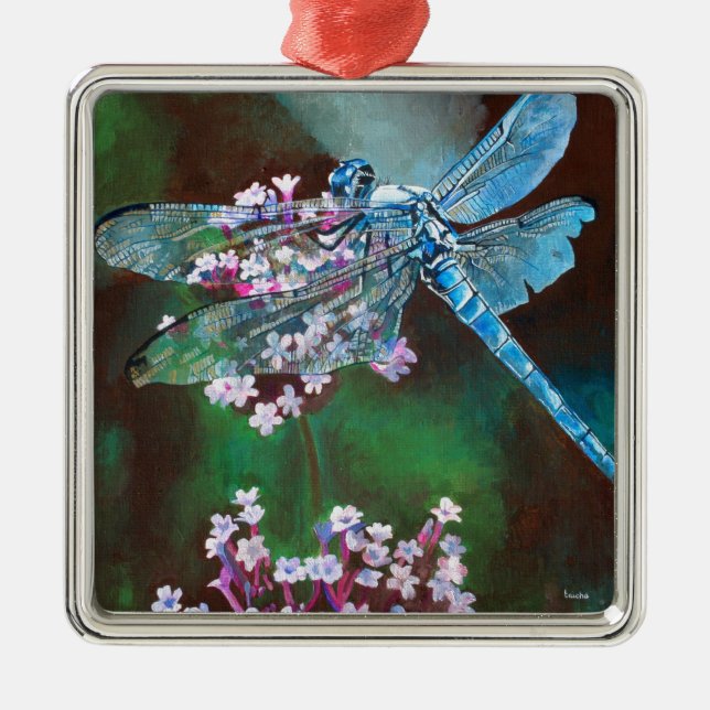 Blue Dragonfly Resting On Wild Garlic Metal Ornament (Front)