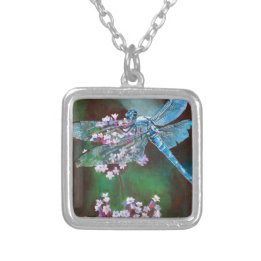 Blue Dragonfly Resting On Wild Garlic Silver Plated Necklace