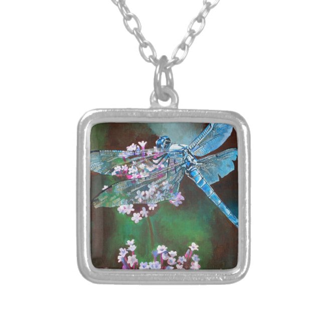 Blue Dragonfly Resting On Wild Garlic Silver Plated Necklace (Front)