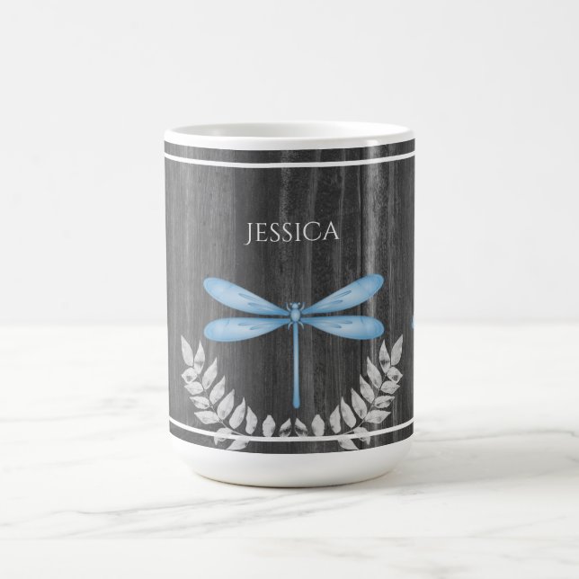 Blue Dragonfly Rustic Personalized Coffee Mug (Center)
