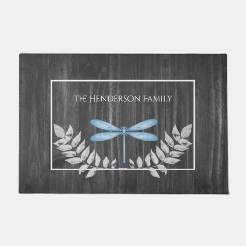 Blue Dragonfly Rustic Personalized Doormat