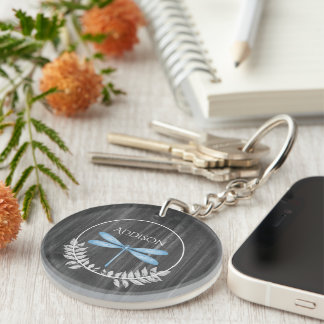 Blue Dragonfly Rustic Personalized Keychain