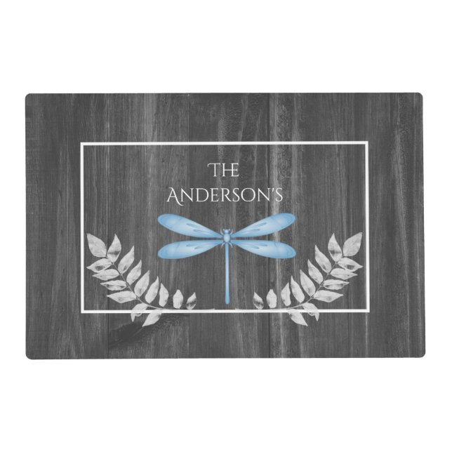 Blue Dragonfly Rustic Personalized Placemat (Front)