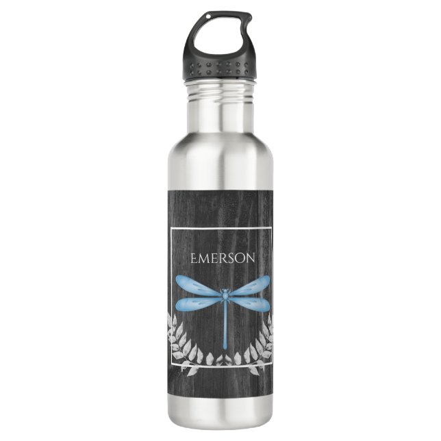 Blue Dragonfly Rustic Personalized  Stainless Steel Water Bottle (Front)