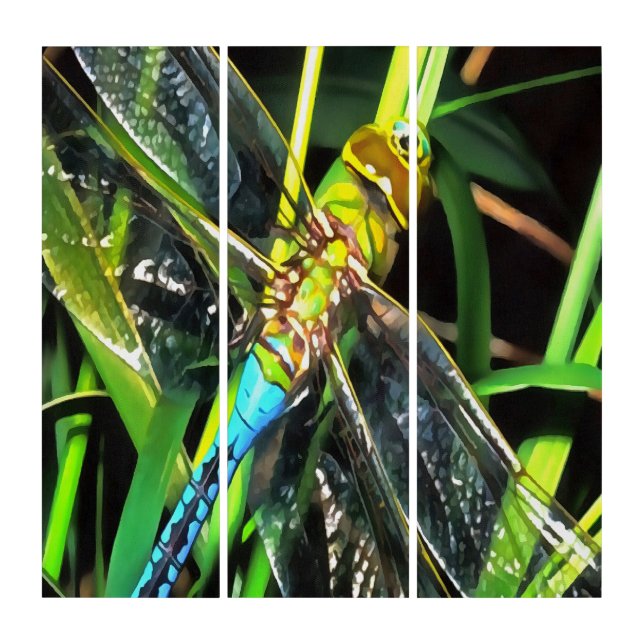 Blue Dragonfly Shimmering Wings Painting Triptych (Front)