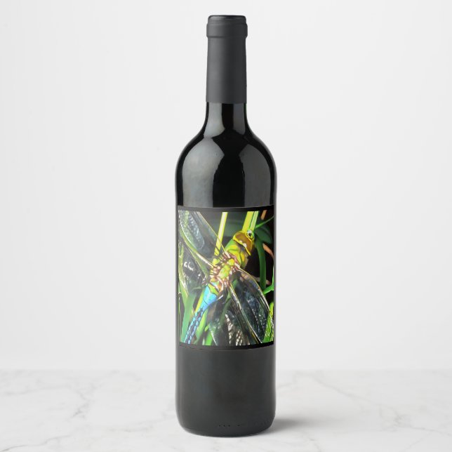 Blue Dragonfly Shimmering Wings Painting Wine Label (Front)