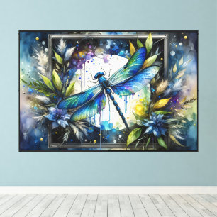 Blue Dragonfly Watercolor Botanical Canvas Print
