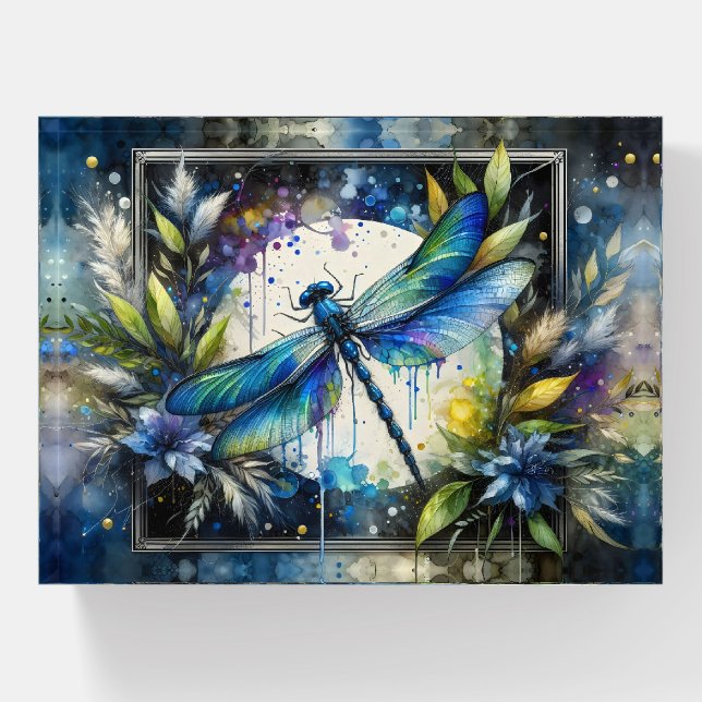 Blue Dragonfly Watercolor Botanical Paperweight (Front)