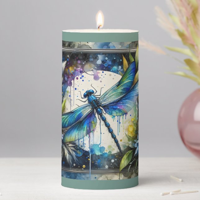 Blue Dragonfly Watercolor Botanical Pillar Candle (In Situ)