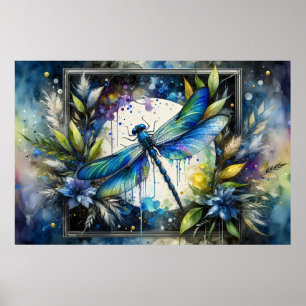 Blue Dragonfly Watercolor Botanical Poster
