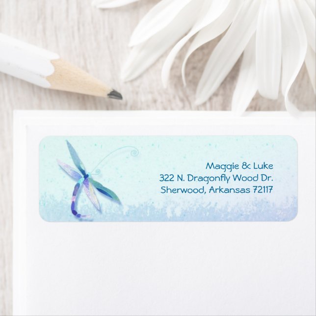 Blue Dragonfly Wedding Couple Address Label (Insitu)