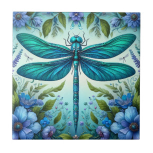Blue Dragonfly with Flowers Ceramic Tile