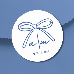Blue Drawn Bow Whimsical Wedding Monogram Classic Round Sticker