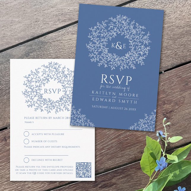Blue drawn leaf monogram RSVP wedding QR Code Enclosure Card (Creator Uploaded)