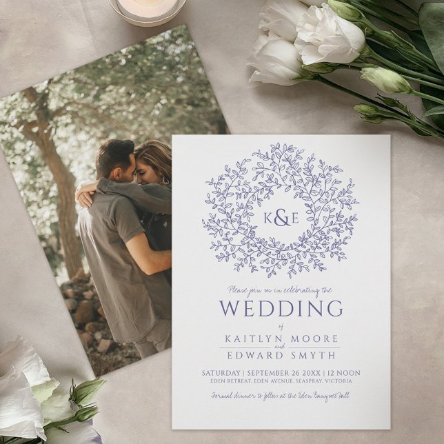 Blue drawn leaf wreath monogram art wedding photo invitation (Creator Uploaded)