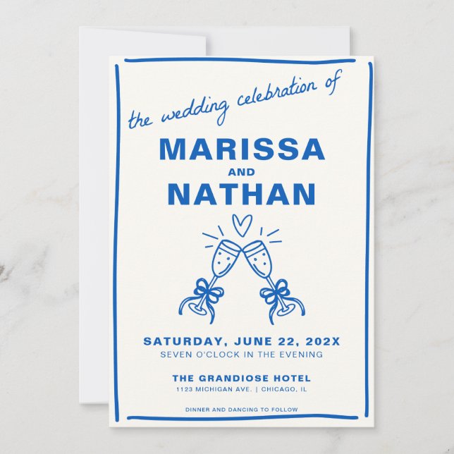Blue Drawn Together Champgane Wedding Invitation (Front)