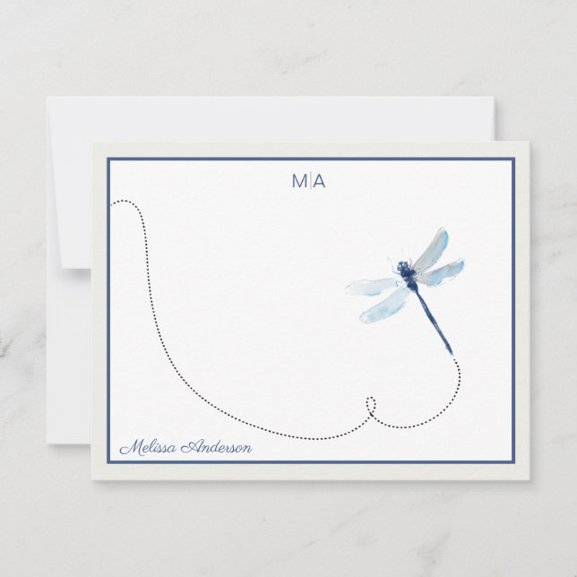 Blue Dreagonfly in Flight Monogram Name Note Card (Front)