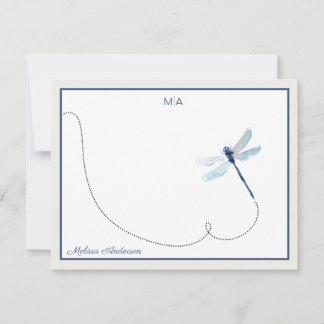 Blue Dreagonfly in Flight Monogram Name Note Card