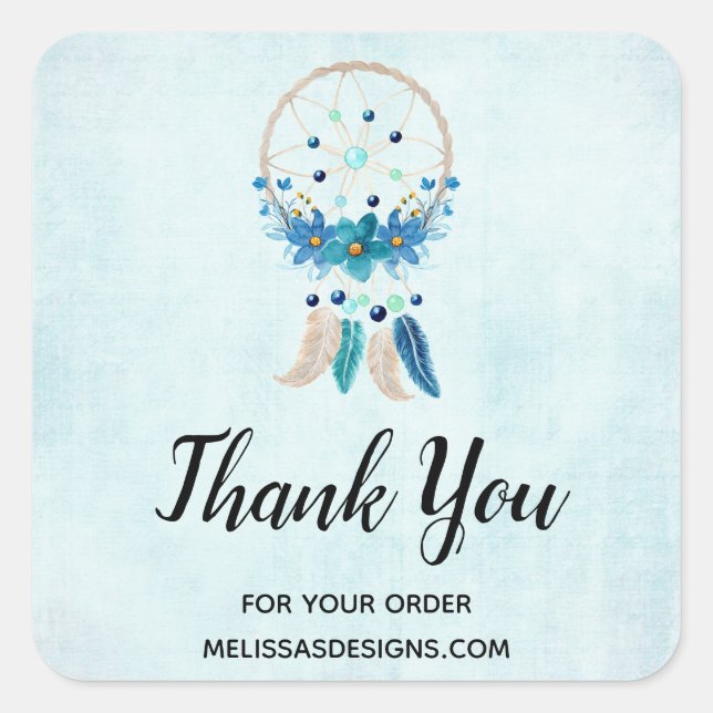 Blue Dreamcatcher Boho Design Business Thank You Square Sticker (Front)