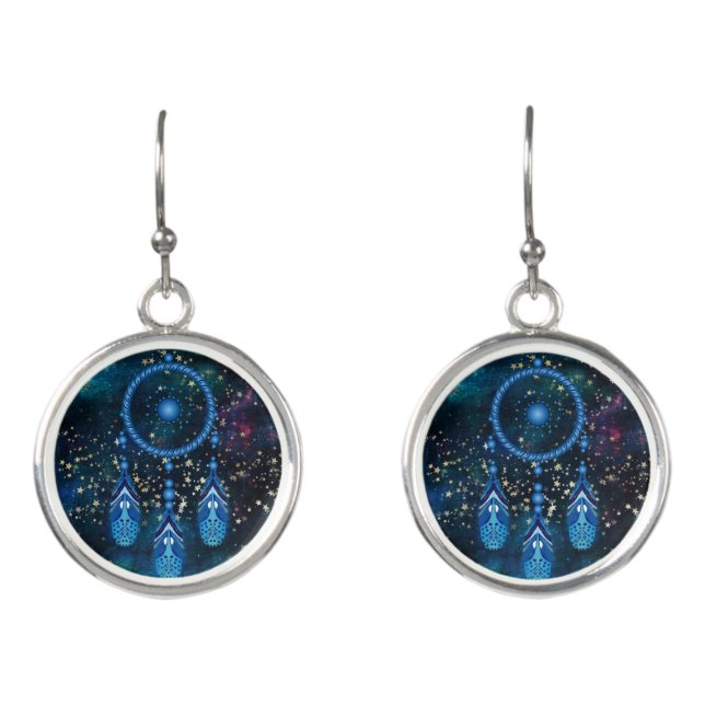 Blue Dreamcatcher Celestial Gold Stars Earrings (Front)