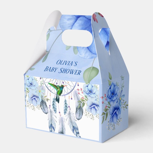 Blue Dreamcatcher Hummingbird Boy Baby Shower Favor Boxes (Front Side)