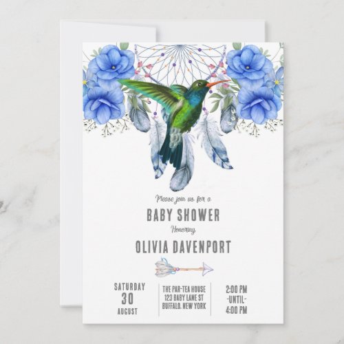 Blue Dreamcatcher Hummingbird Boy Baby Shower Invi Invitation