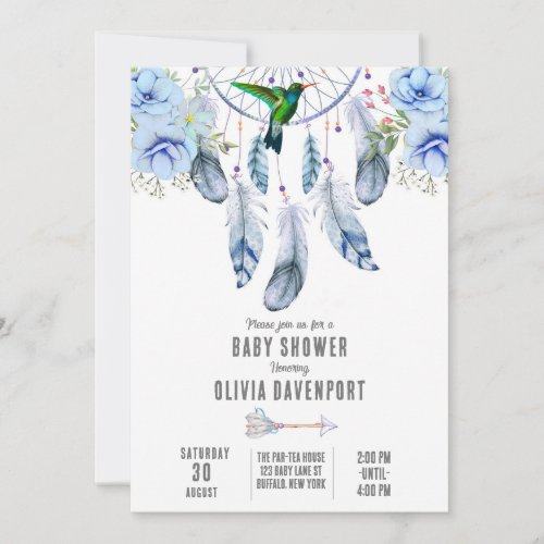 Blue Dreamcatcher Hummingbird Boy Baby Shower Invitation
